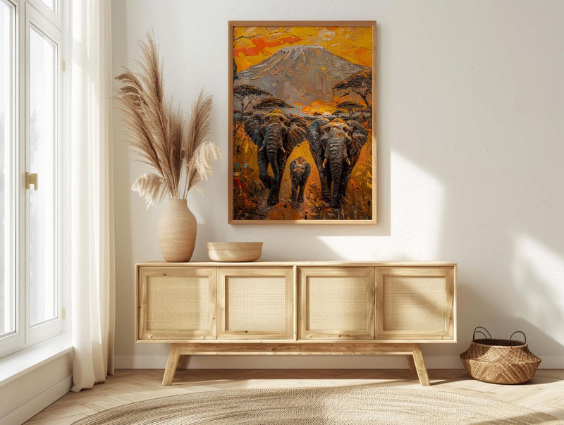 African Elephant Oil Painting Poster, Safari Nursery Wall Art, Impasto Art Print, Kilimanjaro Sunset, Textured Look Wildlife Decor