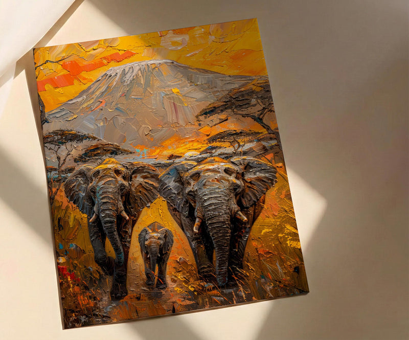 African Elephant Oil Painting Poster, Safari Nursery Wall Art, Impasto Art Print, Kilimanjaro Sunset, Textured Look Wildlife Decor