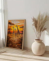Giraffe Family Oil Painting Poster, Safari Nursery Wall Art, African Wildlife Print, Savanna Sunset Decor, Impasto Art Print