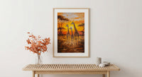 Giraffe Family Oil Painting Poster, Safari Nursery Wall Art, African Wildlife Print, Savanna Sunset Decor, Impasto Art Print