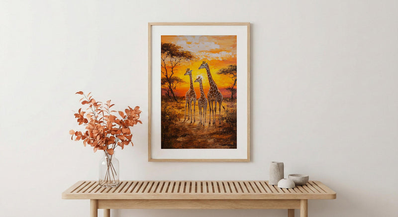 Giraffe Family Oil Painting Poster, Safari Nursery Wall Art, African Wildlife Print, Savanna Sunset Decor, Impasto Art Print