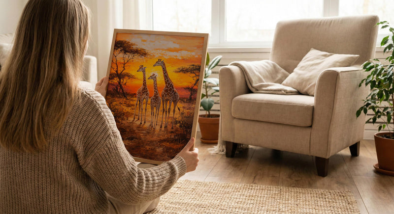 Giraffe Family Oil Painting Poster, Safari Nursery Wall Art, African Wildlife Print, Savanna Sunset Decor, Impasto Art Print