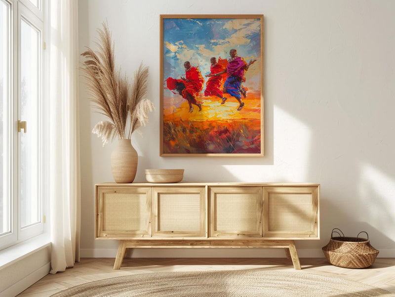 Maasai Warriors Oil Painting Poster, African Dance Art Print, Tribal Jumping Men, Red Shuka Wall Art, Impasto Style Cultural Decor