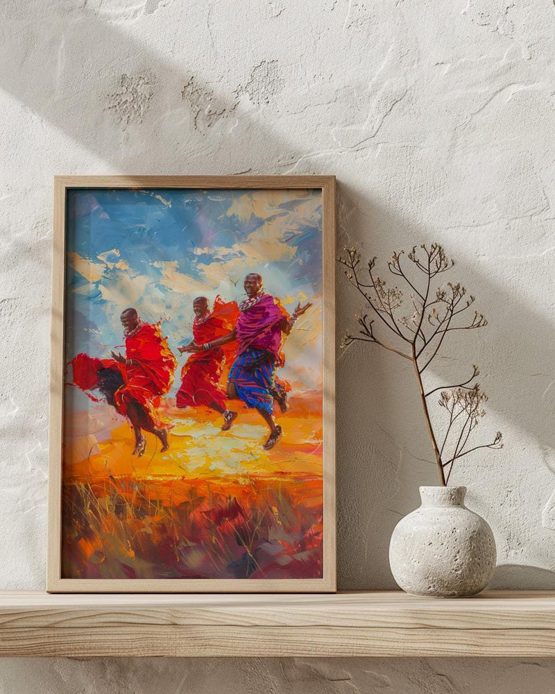 Maasai Warriors Oil Painting Poster, African Dance Art Print, Tribal Jumping Men, Red Shuka Wall Art, Impasto Style Cultural Decor