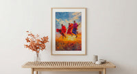 Maasai Warriors Oil Painting Poster, African Dance Art Print, Tribal Jumping Men, Red Shuka Wall Art, Impasto Style Cultural Decor