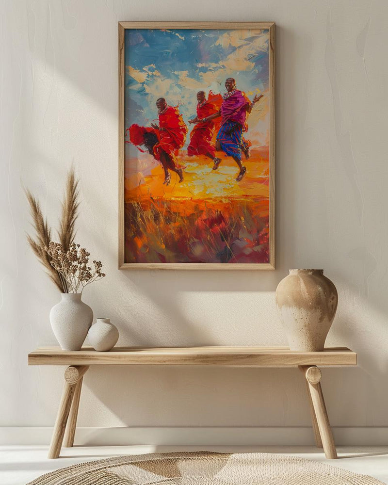 Maasai Warriors Oil Painting Poster, African Dance Art Print, Tribal Jumping Men, Red Shuka Wall Art, Impasto Style Cultural Decor