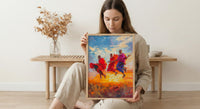 Maasai Warriors Oil Painting Poster, African Dance Art Print, Tribal Jumping Men, Red Shuka Wall Art, Impasto Style Cultural Decor