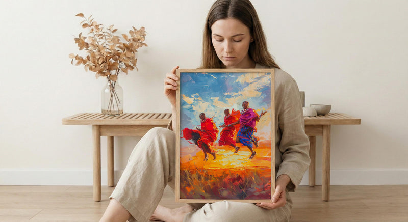 Maasai Warriors Oil Painting Poster, African Dance Art Print, Tribal Jumping Men, Red Shuka Wall Art, Impasto Style Cultural Decor