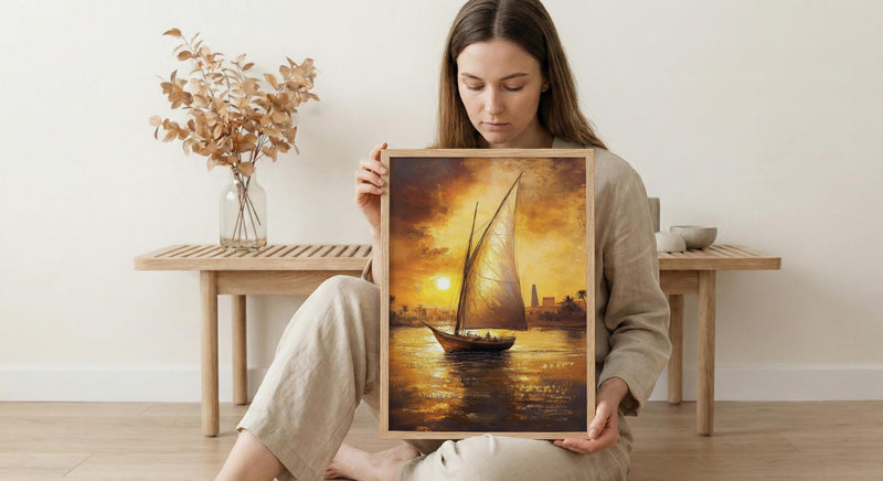 African Sailboat Oil Painting Poster, Nile River Felucca Art Print, Golden Sunset Boat Wall Art, Nautical Coastal Decor, Impasto Style