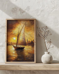African Sailboat Oil Painting Poster, Nile River Felucca Art Print, Golden Sunset Boat Wall Art, Nautical Coastal Decor, Impasto Style