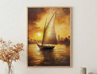 African Sailboat Oil Painting Poster, Nile River Felucca Art Print, Golden Sunset Boat Wall Art, Nautical Coastal Decor, Impasto Style
