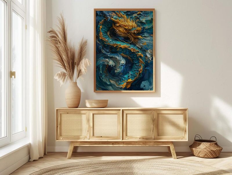 Japanese Golden Dragon Oil Painting Poster, Teal Sea Waves Art Print, Mythological Asian Wall Art, Luxury Gold Decor, Impasto Masterpiece