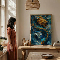 Japanese Golden Dragon Oil Painting Poster, Teal Sea Waves Art Print, Mythological Asian Wall Art, Luxury Gold Decor, Impasto Masterpiece