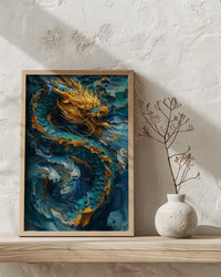 Japanese Golden Dragon Oil Painting Poster, Teal Sea Waves Art Print, Mythological Asian Wall Art, Luxury Gold Decor, Impasto Masterpiece