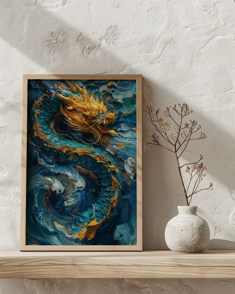 Japanese Golden Dragon Oil Painting Poster, Teal Sea Waves Art Print, Mythological Asian Wall Art, Luxury Gold Decor, Impasto Masterpiece