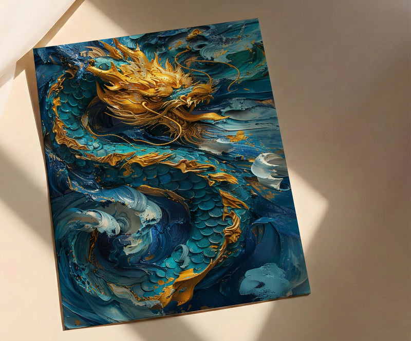 Japanese Golden Dragon Oil Painting Poster, Teal Sea Waves Art Print, Mythological Asian Wall Art, Luxury Gold Decor, Impasto Masterpiece