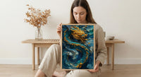 Japanese Golden Dragon Oil Painting Poster, Teal Sea Waves Art Print, Mythological Asian Wall Art, Luxury Gold Decor, Impasto Masterpiece
