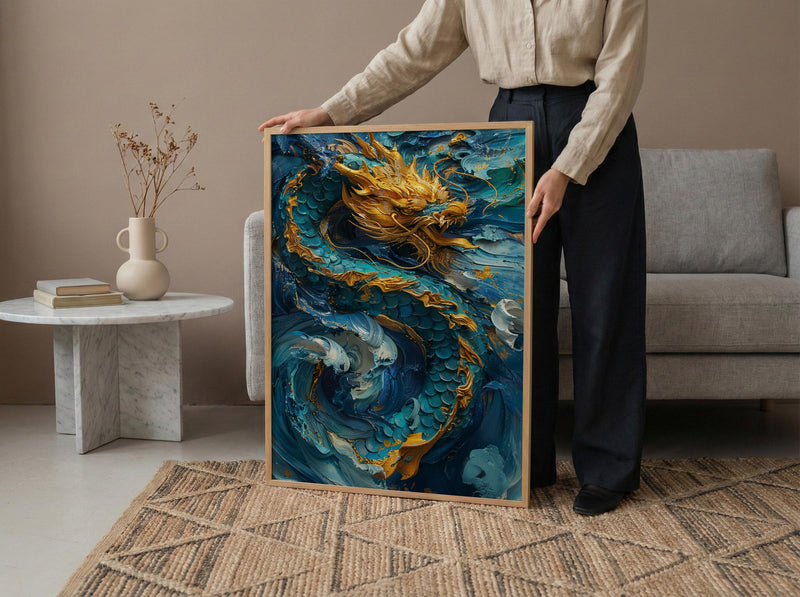 Japanese Golden Dragon Oil Painting Poster, Teal Sea Waves Art Print, Mythological Asian Wall Art, Luxury Gold Decor, Impasto Masterpiece