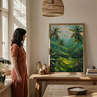 Bali Rice Terrace Oil Painting Poster, Ubud Jungle Art Print, Tropical Palm Tree Wall Art, Indonesia Travel Decor, Impasto Nature Landscape