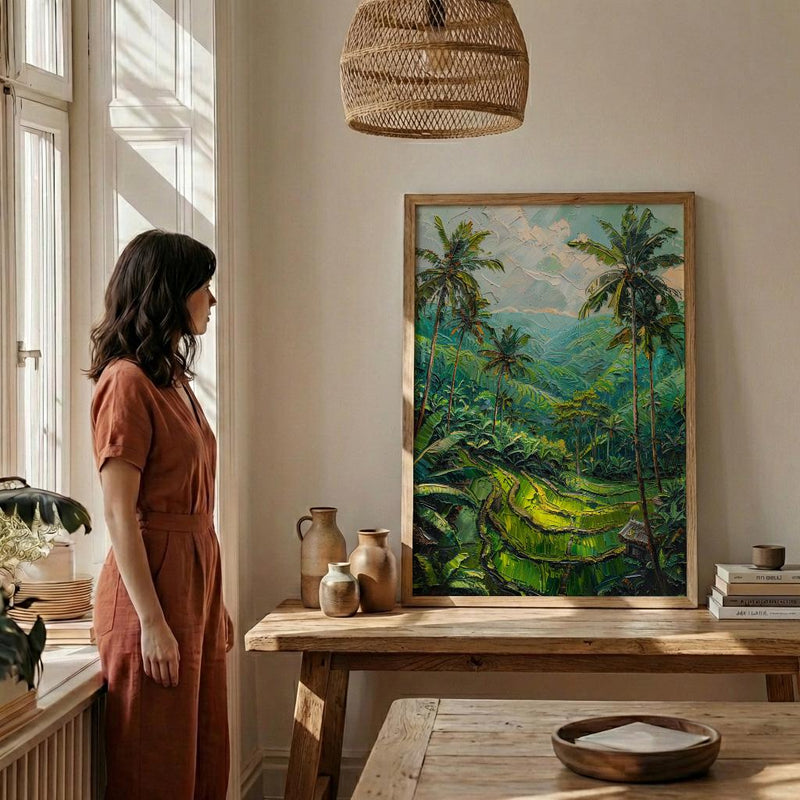 Bali Rice Terrace Oil Painting Poster, Ubud Jungle Art Print, Tropical Palm Tree Wall Art, Indonesia Travel Decor, Impasto Nature Landscape