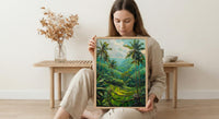 Bali Rice Terrace Oil Painting Poster, Ubud Jungle Art Print, Tropical Palm Tree Wall Art, Indonesia Travel Decor, Impasto Nature Landscape
