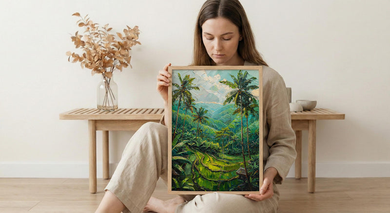 Bali Rice Terrace Oil Painting Poster, Ubud Jungle Art Print, Tropical Palm Tree Wall Art, Indonesia Travel Decor, Impasto Nature Landscape