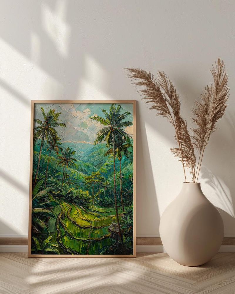 Bali Rice Terrace Oil Painting Poster, Ubud Jungle Art Print, Tropical Palm Tree Wall Art, Indonesia Travel Decor, Impasto Nature Landscape