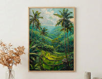 Bali Rice Terrace Oil Painting Poster, Ubud Jungle Art Print, Tropical Palm Tree Wall Art, Indonesia Travel Decor, Impasto Nature Landscape