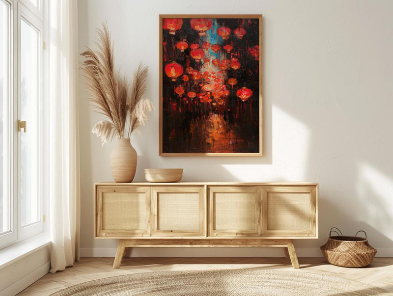 Red Chinese Lanterns Oil Painting Poster, Asian Festival Night Art Print, Mystical Street Wall Art, Lunar New Year Decor, Impasto Glow