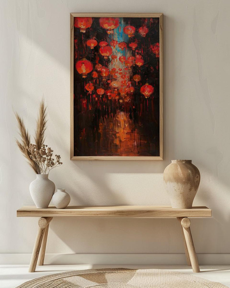 Red Chinese Lanterns Oil Painting Poster, Asian Festival Night Art Print, Mystical Street Wall Art, Lunar New Year Decor, Impasto Glow