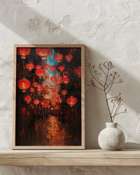 Red Chinese Lanterns Oil Painting Poster, Asian Festival Night Art Print, Mystical Street Wall Art, Lunar New Year Decor, Impasto Glow