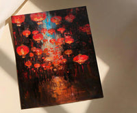 Red Chinese Lanterns Oil Painting Poster, Asian Festival Night Art Print, Mystical Street Wall Art, Lunar New Year Decor, Impasto Glow