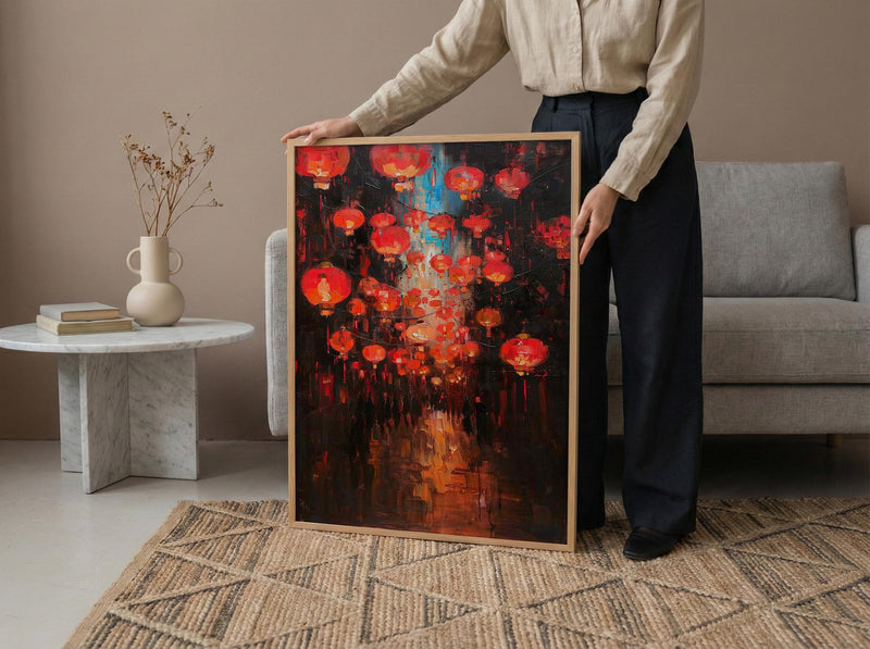 Red Chinese Lanterns Oil Painting Poster, Asian Festival Night Art Print, Mystical Street Wall Art, Lunar New Year Decor, Impasto Glow