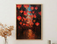 Red Chinese Lanterns Oil Painting Poster, Asian Festival Night Art Print, Mystical Street Wall Art, Lunar New Year Decor, Impasto Glow