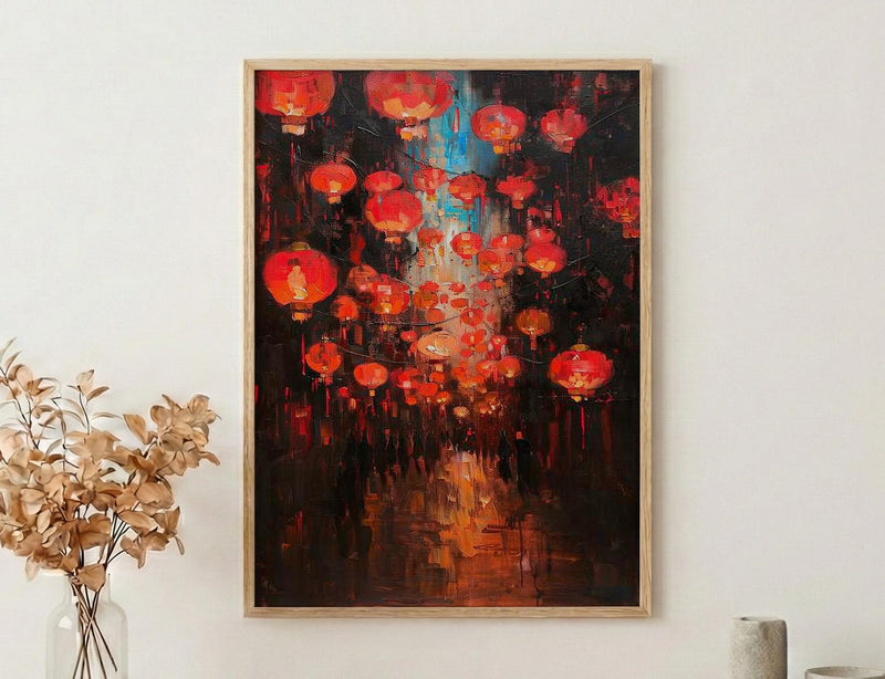 Red Chinese Lanterns Oil Painting Poster, Asian Festival Night Art Print, Mystical Street Wall Art, Lunar New Year Decor, Impasto Glow