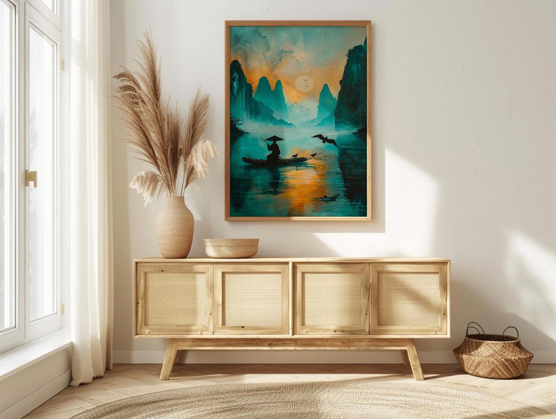 Chinese Li River Oil Painting Poster, Guilin Landscape Art Print, Fisherman on Boat, Zen Asian Nature Decor, Impasto Teal Wall Art