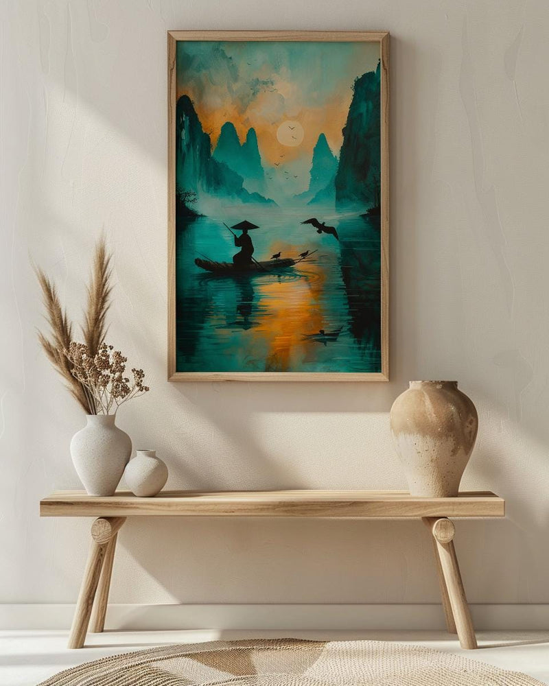 Chinese Li River Oil Painting Poster, Guilin Landscape Art Print, Fisherman on Boat, Zen Asian Nature Decor, Impasto Teal Wall Art