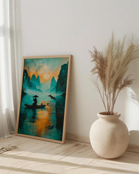 Chinese Li River Oil Painting Poster, Guilin Landscape Art Print, Fisherman on Boat, Zen Asian Nature Decor, Impasto Teal Wall Art