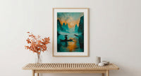 Chinese Li River Oil Painting Poster, Guilin Landscape Art Print, Fisherman on Boat, Zen Asian Nature Decor, Impasto Teal Wall Art