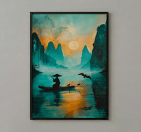 Chinese Li River Oil Painting Poster, Guilin Landscape Art Print, Fisherman on Boat, Zen Asian Nature Decor, Impasto Teal Wall Art