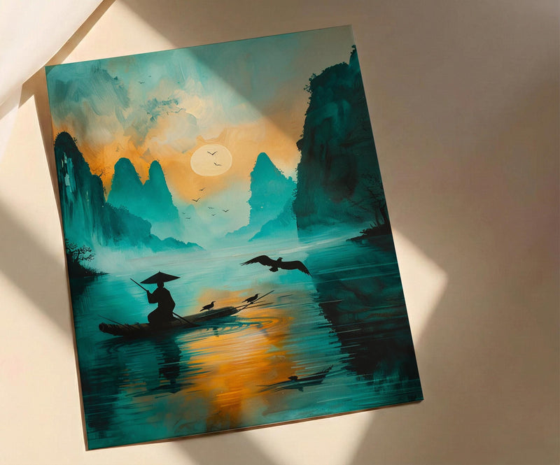 Chinese Li River Oil Painting Poster, Guilin Landscape Art Print, Fisherman on Boat, Zen Asian Nature Decor, Impasto Teal Wall Art
