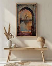 Taj Mahal Oil Painting Poster, India Wall Art, Agra Archway Art Print, Sunset Architecture, Romantic Travel Decor, Impasto Style