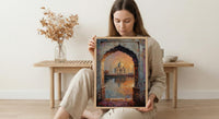 Taj Mahal Oil Painting Poster, India Wall Art, Agra Archway Art Print, Sunset Architecture, Romantic Travel Decor, Impasto Style