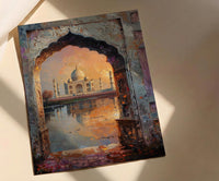 Taj Mahal Oil Painting Poster, India Wall Art, Agra Archway Art Print, Sunset Architecture, Romantic Travel Decor, Impasto Style