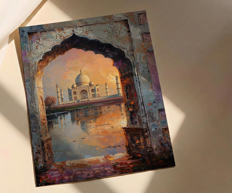 Taj Mahal Oil Painting Poster, India Wall Art, Agra Archway Art Print, Sunset Architecture, Romantic Travel Decor, Impasto Style