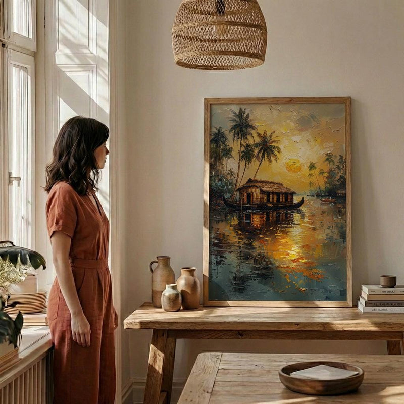 Kerala Houseboat Oil Painting Poster, India Backwaters Art Print, Tropical River Landscape, Sunset Boat Wall Art, Impasto Style Decor