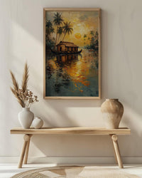 Kerala Houseboat Oil Painting Poster, India Backwaters Art Print, Tropical River Landscape, Sunset Boat Wall Art, Impasto Style Decor