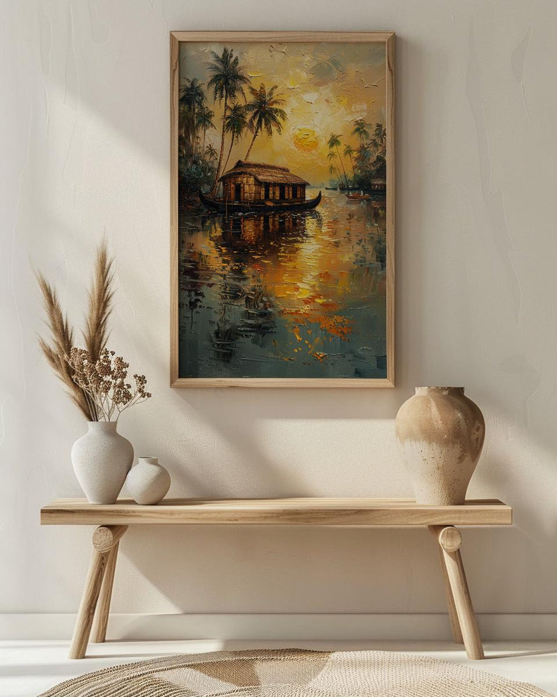 Kerala Houseboat Oil Painting Poster, India Backwaters Art Print, Tropical River Landscape, Sunset Boat Wall Art, Impasto Style Decor