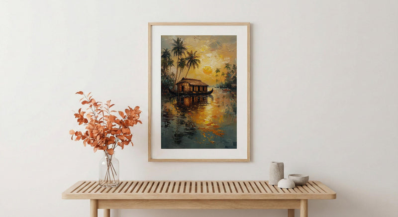 Kerala Houseboat Oil Painting Poster, India Backwaters Art Print, Tropical River Landscape, Sunset Boat Wall Art, Impasto Style Decor