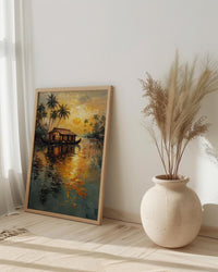Kerala Houseboat Oil Painting Poster, India Backwaters Art Print, Tropical River Landscape, Sunset Boat Wall Art, Impasto Style Decor
